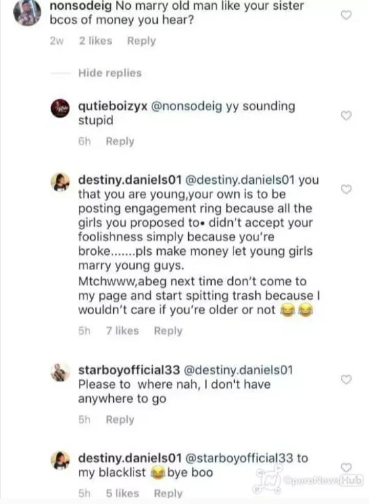 Regina Daniels sister blasts troll who asked her not to marry an old man for money