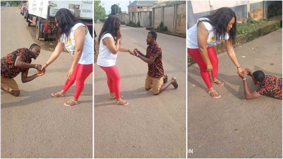 Man fully prostrates on the road as he proposes marriage to lover