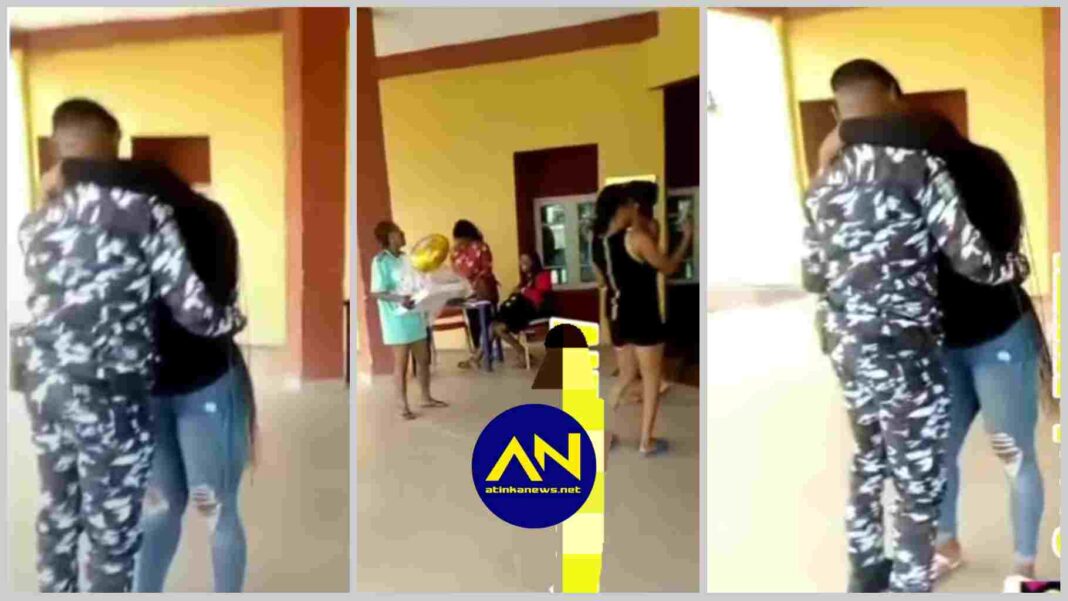 Policeman in uniform proposes to his girlfriend at her hostel